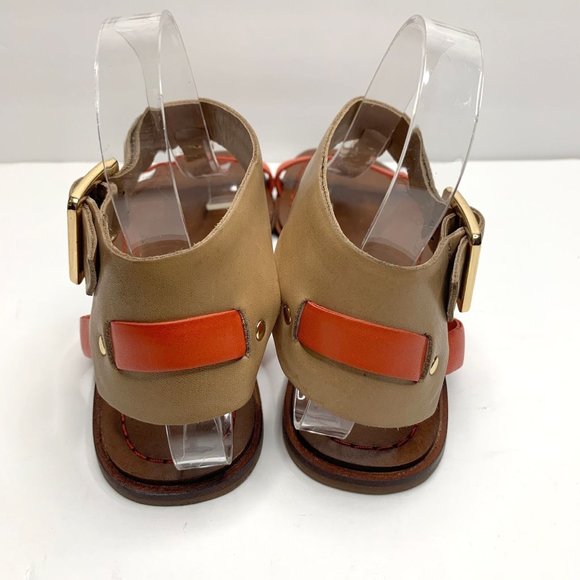 UTERQÜE Orange Tan T-Strap Gladiator Buckle Sandal Sz 38 / 7.5 - Picture 5 of 11